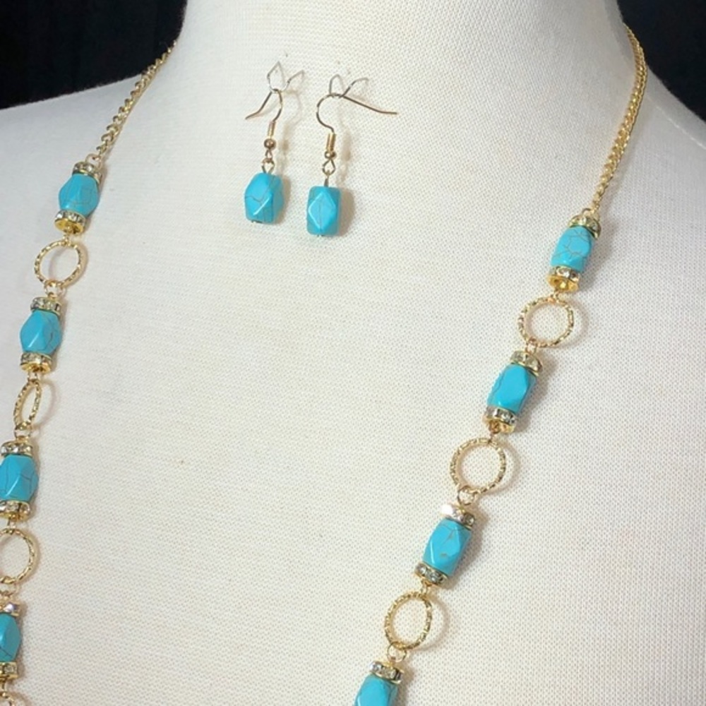 Long Turquoise Stone Gold Rings Necklace Set - Picture 2 of 3